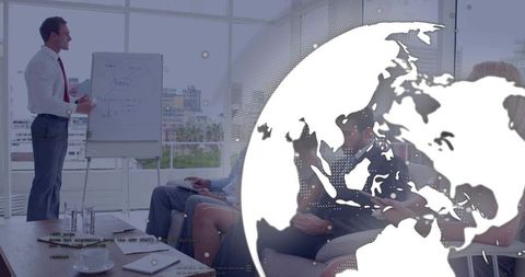 Presenting business strategy on flip chart with global network overlay in modern office
