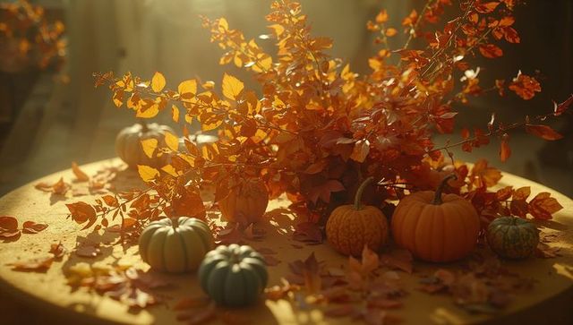 Autumn Foliage and Pumpkins Concert in Dust of Golden Sunbeam Onto Table