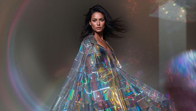 Glamorous model posing in holographic paneled cape with prism halo and iridescent glow