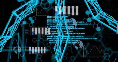 Futuristic wireframe helices in digital network interface