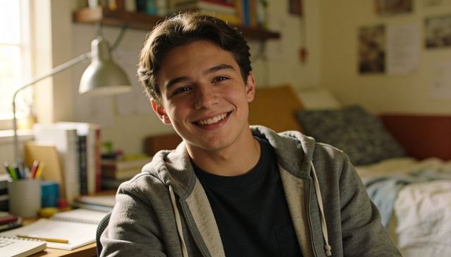 Smiling teen student studying at cozy dorm desk wearing gray hoodie casual study space natural light