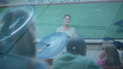 Futuristic Classroom Featuring Teacher Using Advanced Technology