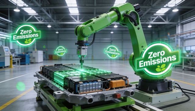 Green robotic arm assembling electric vehicle battery pack promoting zero emissions