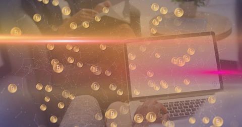 Woman trading Bitcoin on laptop while typing on couch with floating crypto coins