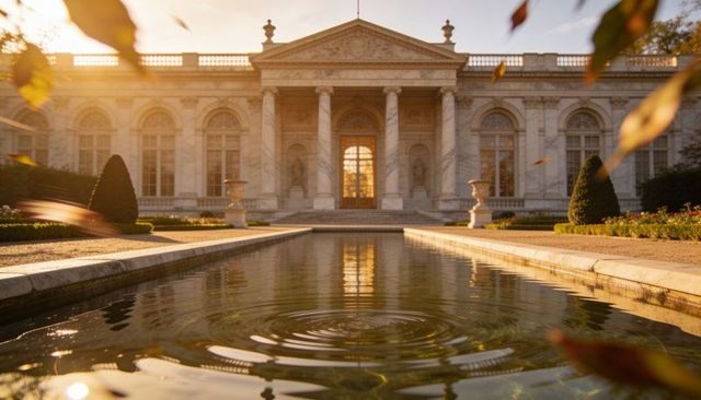 Neoclassical marble facade bathing in golden light with reflecting pool and ripples