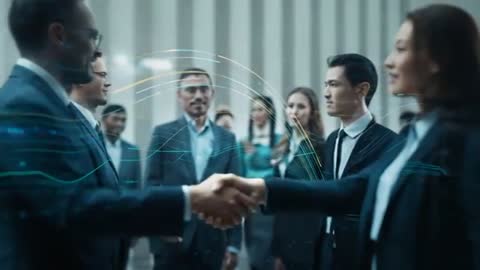 Executives shaking hands with holographic data arcs sealing AI partnership