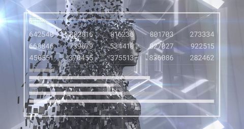 Futuristic human hologram with digital interface in geometric tunnel