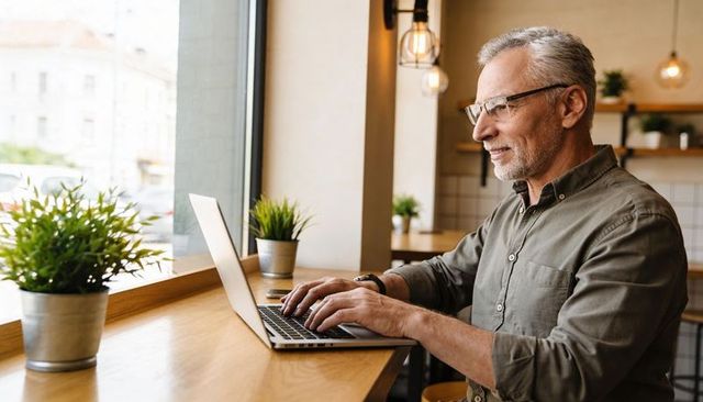 Senior man working remotely on laptop at bright cafe counter with smartphone and potted greenery