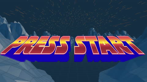 Retro Game Start Screen in Futuristic Digital Landscape