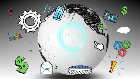 Animated Globe with Clock and Digital Business Icons