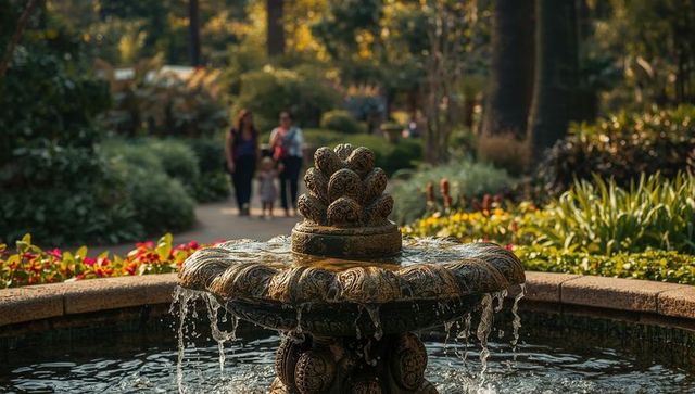 Ornate stone fountain in lush garden with path and family in background