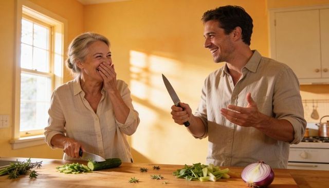Sunlit rustic kitchen mother and son laughing while chopping vegetables