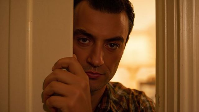 Man peering through doorway clutching doorframe, warm amber portrait, contemplative closeup