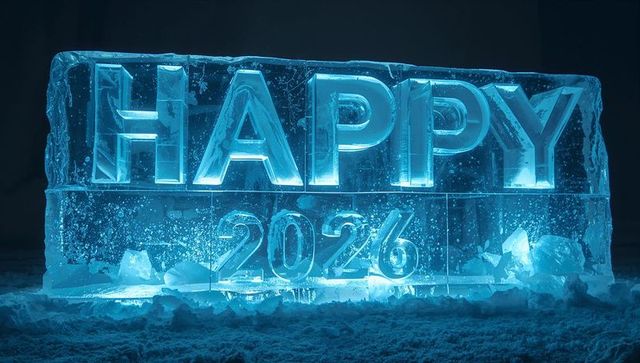 Glowing Ice Sculpture HAPPY 2026 Illuminated by Cyan LEDs on Snowy Night - Celebration