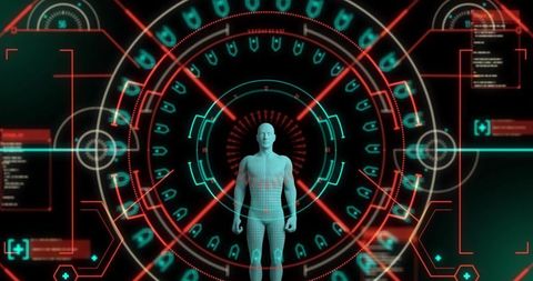 Futuristic data interface with human silhouette and digital scanning