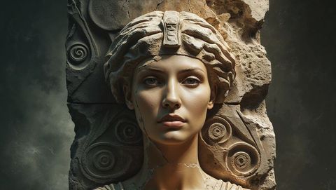 Illuminated cleopatra's stone bust adorned with spirals unveiling artistic legacy