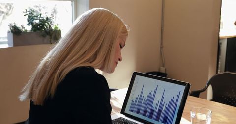 Businesswoman Analyzing Graphs on Laptop at Office Desk