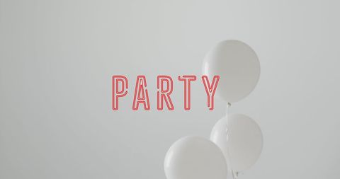Minimalist Party Design with White Balloons and Red Text