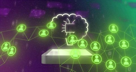 Hovering ai brain cloud with microchip above platform, glowing neon network nodes