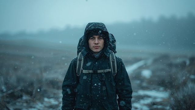 Solitary hiker standing in snowy field wearing hooded parka and backpack, moody winter