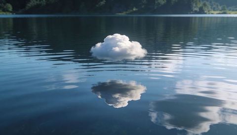 Cumulus cloud floating above mirror lake with concentric ripples and distant treeline