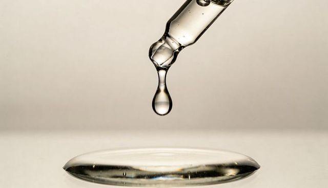 Glass dropper dripping clear droplet above reflective liquid puddle macro closeup