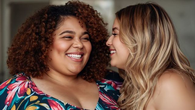 Smiling women leaning close sharing joyful moment, floral dress and strapless top portrait