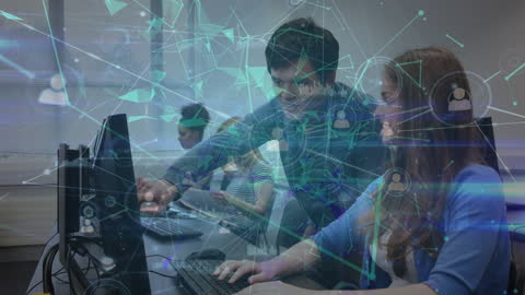 Young Professionals Surrounded by Digital Network Overlays