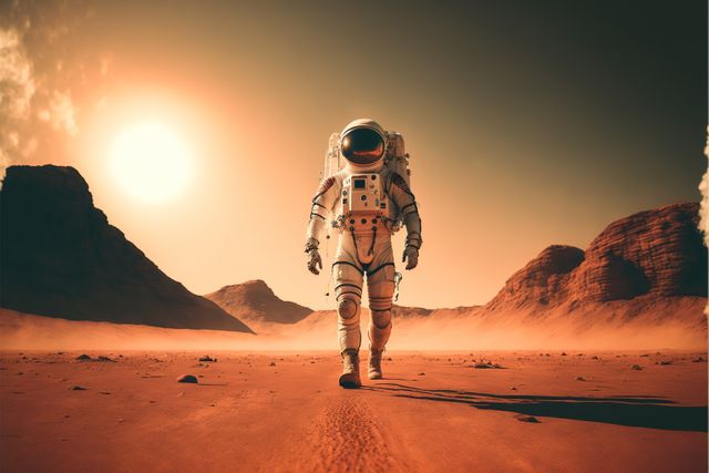 Astronaut exploring planet mars with sun and mountains, created using generative ai technology. Space, planets and astronaut concept, digitally generated image.