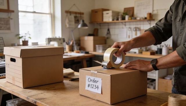 Sealing cardboard box with tape dispenser in sunlit wooden workshop packing station
