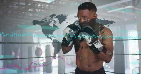 Black Boxer Training with Data Overlays High-Intensity Ring Workout Global Analytics