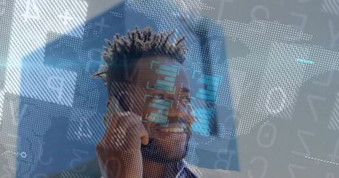 Businessman Discussing Digital Data Insights Overlayed with Tech Graphics