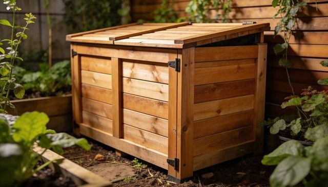Cedar garden storage chest with hinged lid opening near raised planters
