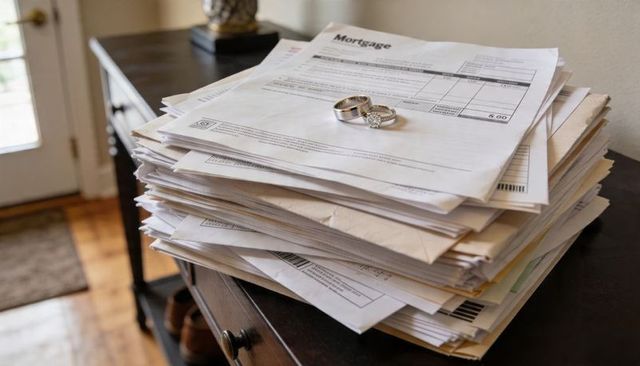 Wedding rings resting on mortgage statement over stack of mail on entryway console