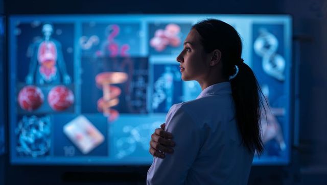 Female physician studying digital anatomy and dna displays under cool blue lab lighting