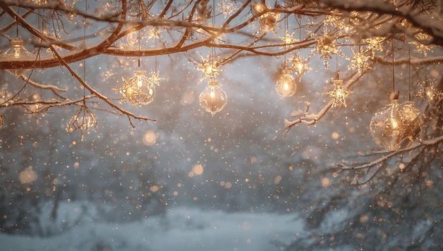 Glass baubles and star lights glowing on snowy branches at twilight with soft bokeh