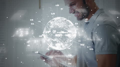 Man Engaging with Digital Globe Technology Overlay