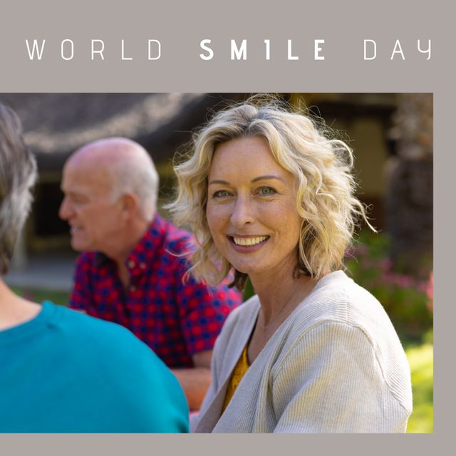 Perfect for promoting international happiness events, dental care commercials, lifestyle blogs, community gathering advertisements, and mental health awareness. Features a cheerful blonde woman celebrating with friends outdoors, emphasizing joy and social interaction.