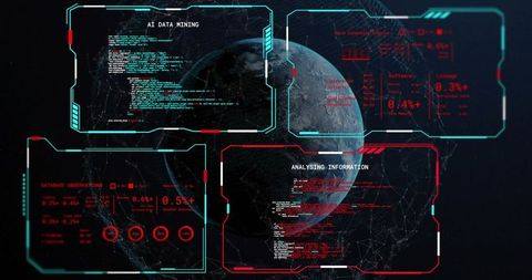 Rotating 3d globe displaying neon hud data visualization and ai analytics interface
