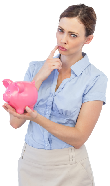 Thoughtful Businesswoman Holding Pink Piggy Bank on Transparent Background - Download Free Stock Videos Pikwizard.com