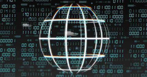 Rotating digital globe hologram with neon wireframe and binary code backdrop