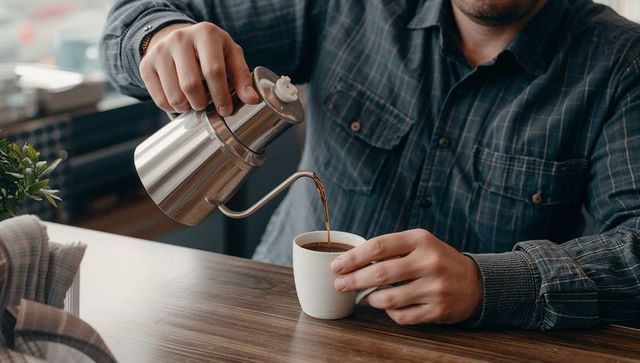 Man pouring coffee from stainless gooseneck kettle into white mug on wooden table