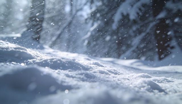 Sunlit fresh powder snow close-up with drifting snowflakes, sparkling crystals, pine bokeh
