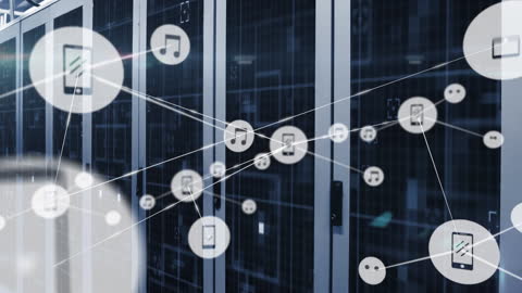 Digital Network Icons Over Computer Servers Visualizing Connectivity