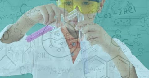 Child Exploring Chemistry with Test Tubes and Formulas