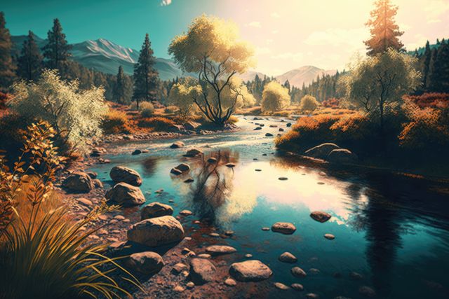 Scenic landscape with river creek and mountains, created using generative ai technology - Download Free Stock Photos Pikwizard.com