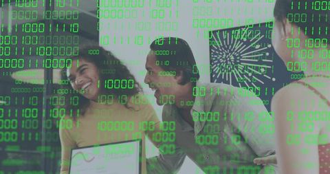 Diverse startup team celebrating award with digital code overlay and data visualization