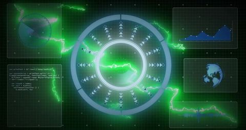 Rotating Neon HUD Ring Pulsing on Futuristic Dashboard Radar Telemetry Data Overlays