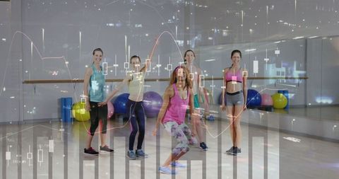 Fitness class with overlay of graphical analysis in gym setting