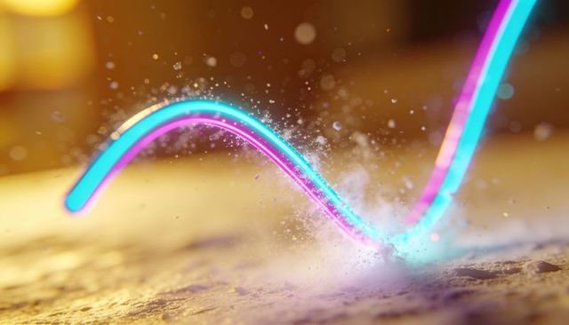 Neon ribbons arcing and emitting cyan-magenta sparks across granular surface